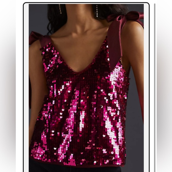 NWT Anthropologie Petite Maeve Sequin Tie Shoulder Top Sz LP - Picture 3 of 11